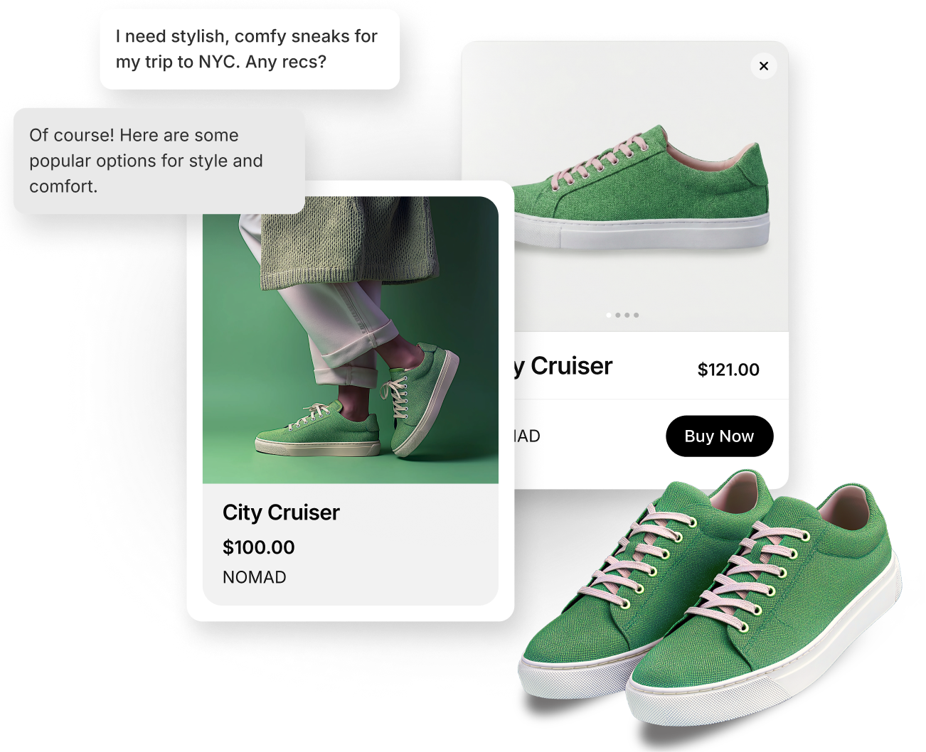 Interface Shopify montrant un achat possible dans une conversation IA