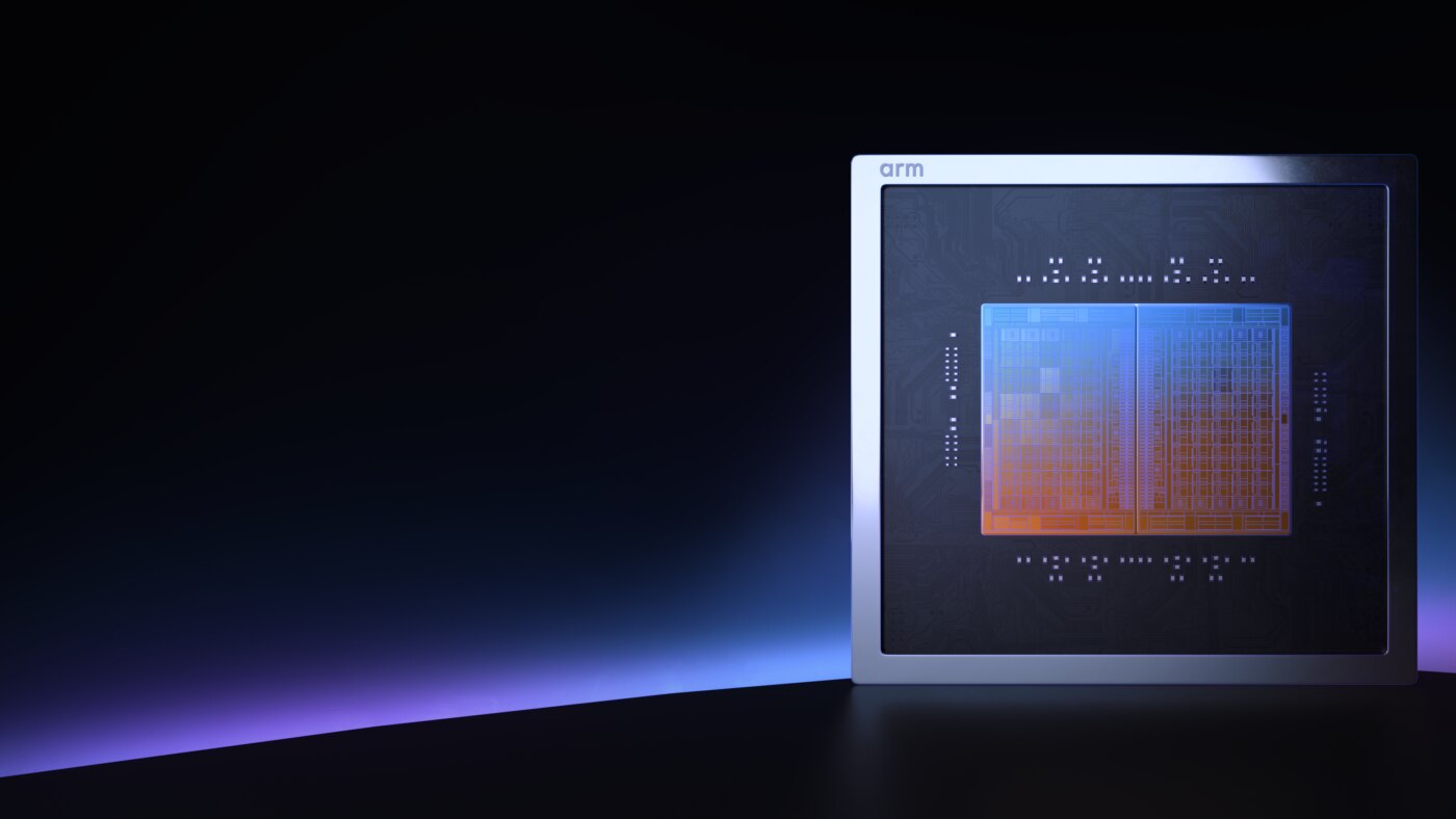 Processeur Arm AGI CPU présenté sur un fond bleu
