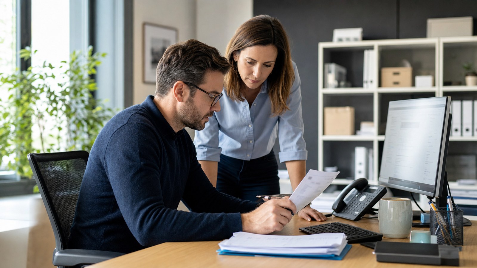 Deux professionnels contrôlent ensemble une facture et les coordonnées bancaires avant un virement
