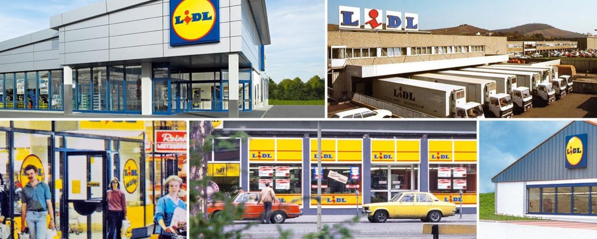 Montage officiel montrant un magasin Lidl actuel et des archives des débuts de l'enseigne