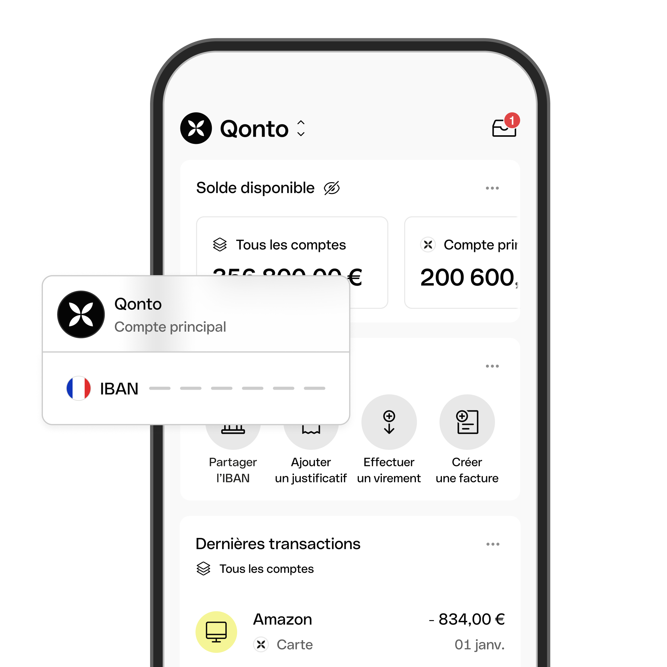 Interface Qonto sur ordinateur et mobile avec solde, IBAN, cartes et opérations d'un compte professionnel
