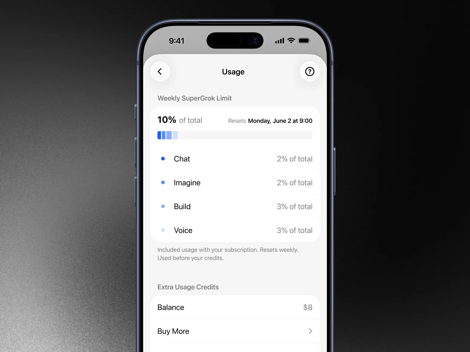 Interface mobile officielle Grok montrant la répartition du quota hebdomadaire entre Chat, Imagine, Build et Voice