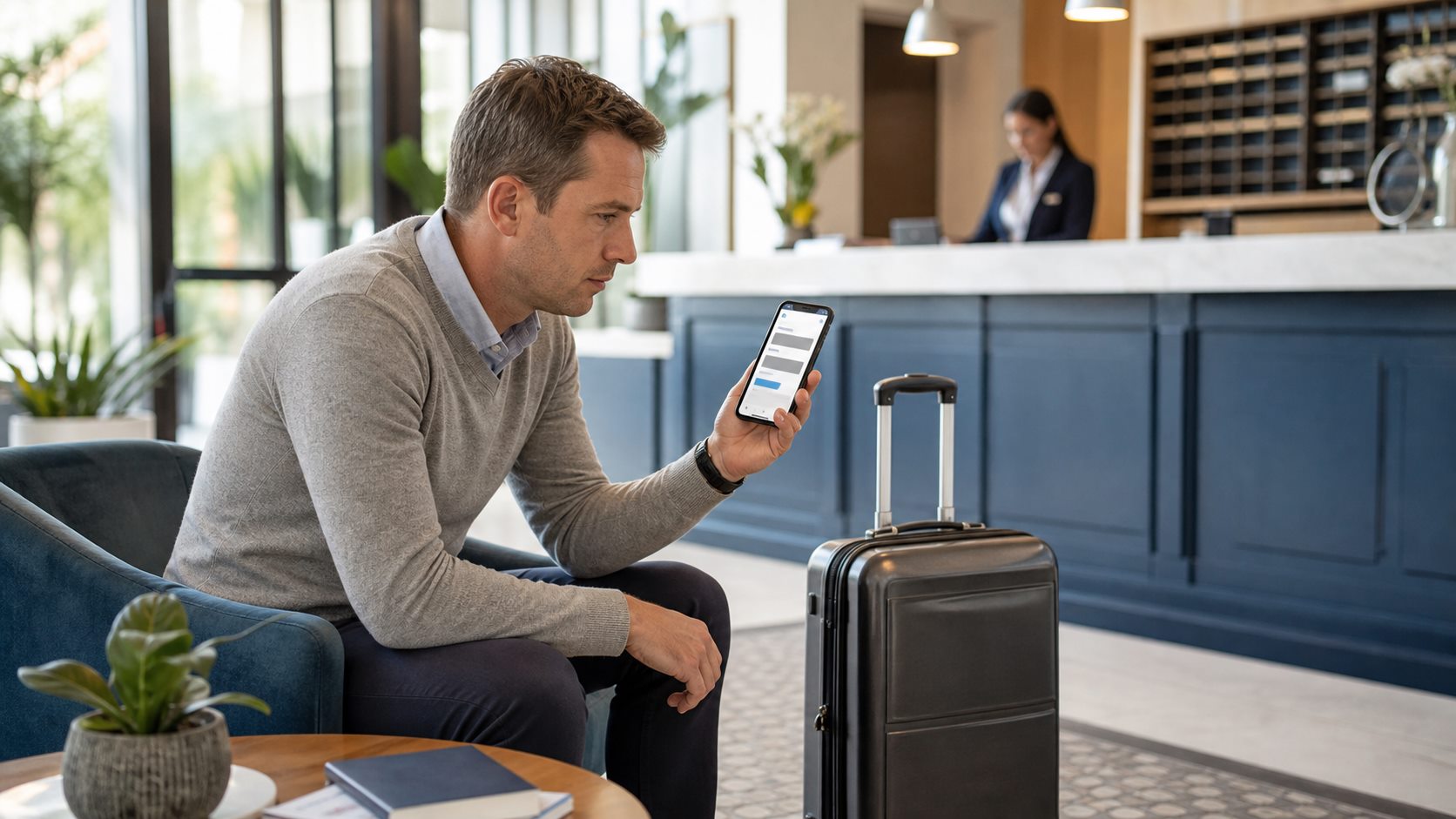 Voyageur comparant le prix total d'un hébergement sur son téléphone dans le hall d'un hôtel