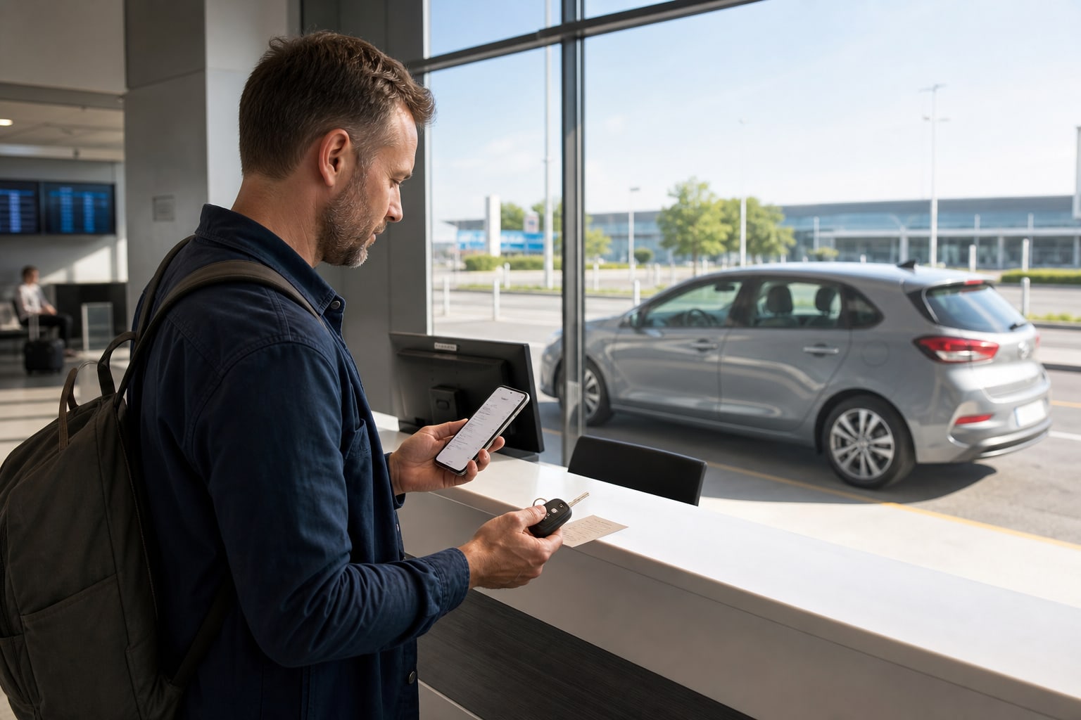 Voyageur comparant les conditions et le prix d'une voiture de location au comptoir d'un aéroport