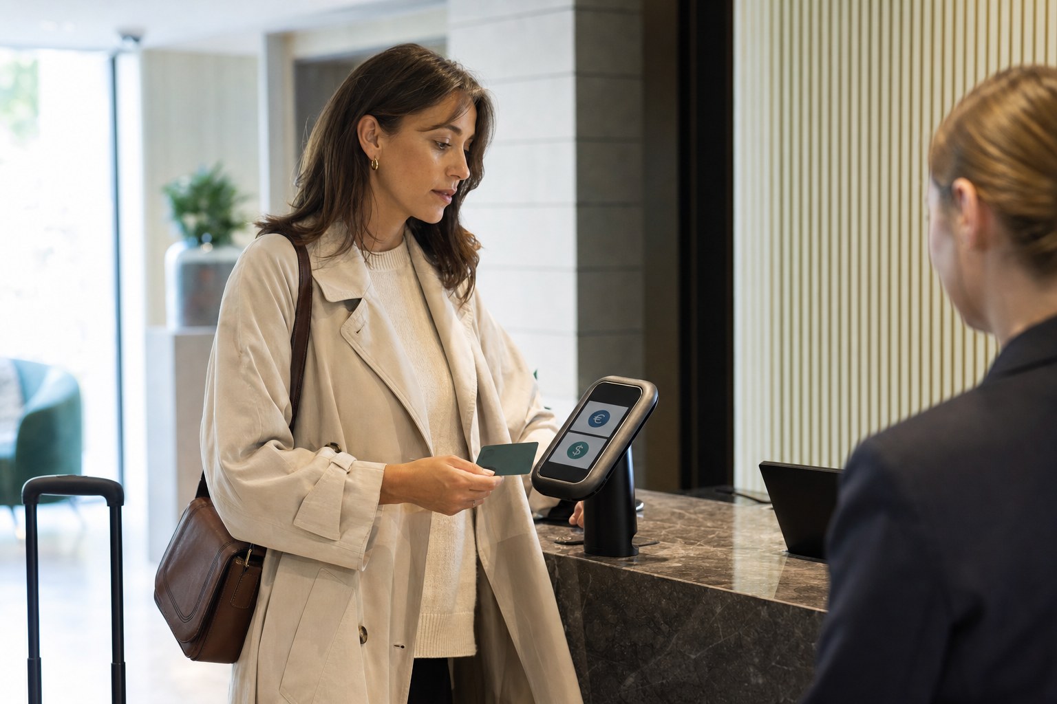 Voyageuse comparant deux choix de devise sur un terminal de paiement à la réception d'un hôtel